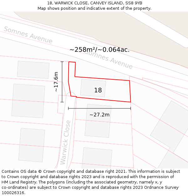 18, WARWICK CLOSE, CANVEY ISLAND, SS8 9YB: Plot and title map