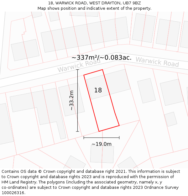 18, WARWICK ROAD, WEST DRAYTON, UB7 9BZ: Plot and title map