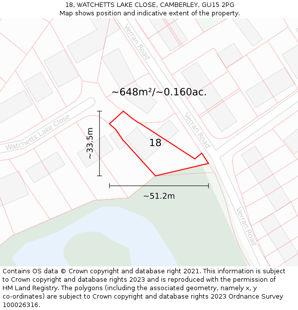 18, WATCHETTS LAKE CLOSE, CAMBERLEY, GU15 2PG: Plot and title map