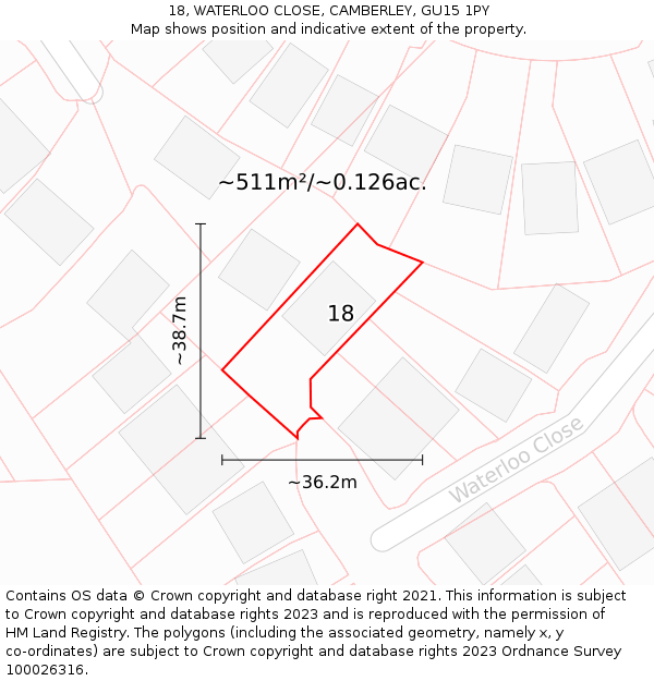 18, WATERLOO CLOSE, CAMBERLEY, GU15 1PY: Plot and title map