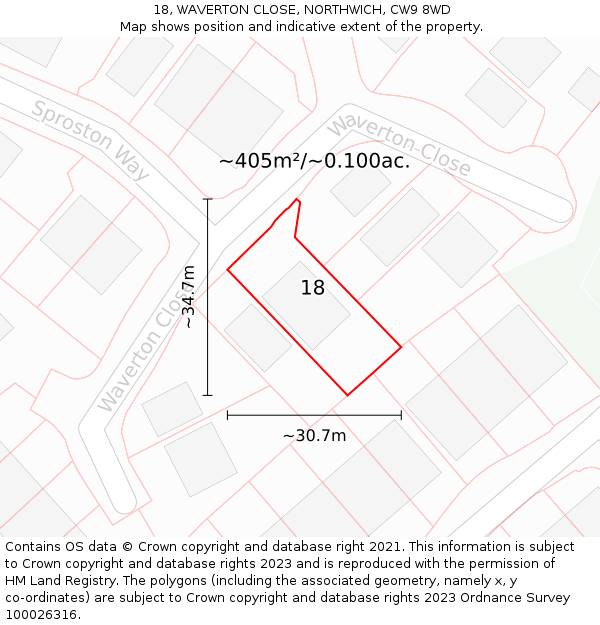 18, WAVERTON CLOSE, NORTHWICH, CW9 8WD: Plot and title map