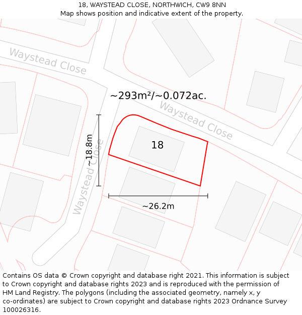 18, WAYSTEAD CLOSE, NORTHWICH, CW9 8NN: Plot and title map