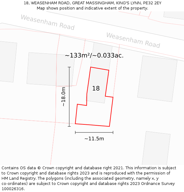 18, WEASENHAM ROAD, GREAT MASSINGHAM, KING'S LYNN, PE32 2EY: Plot and title map