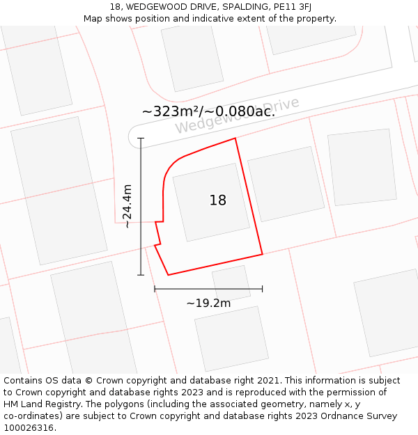 18, WEDGEWOOD DRIVE, SPALDING, PE11 3FJ: Plot and title map