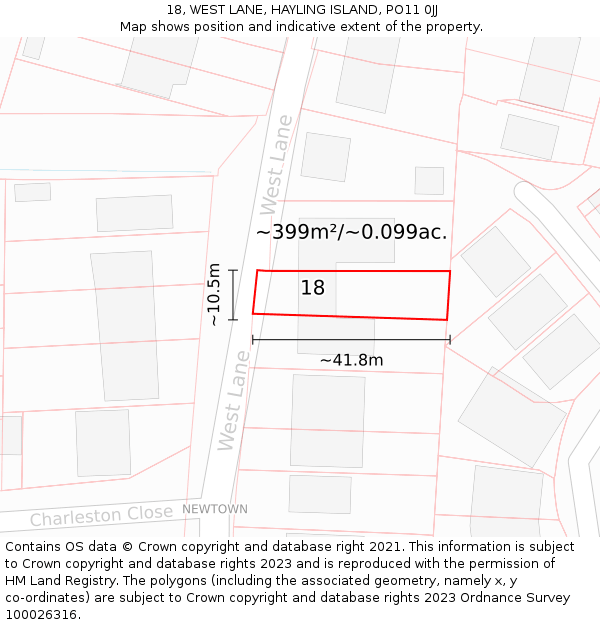 18, WEST LANE, HAYLING ISLAND, PO11 0JJ: Plot and title map