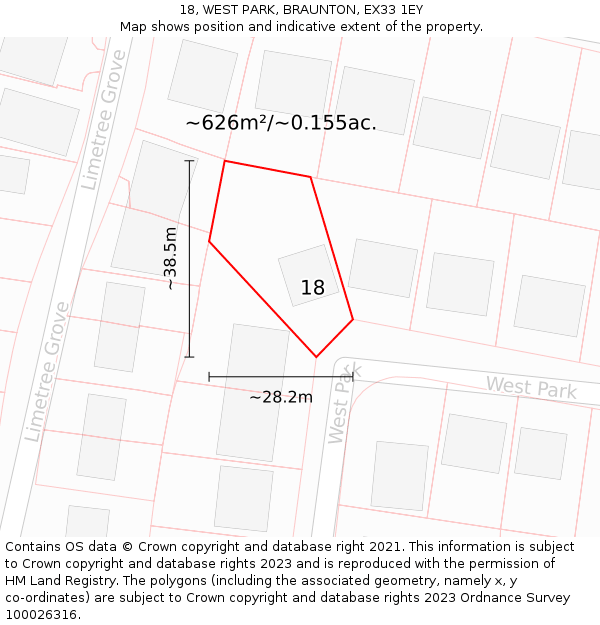 18, WEST PARK, BRAUNTON, EX33 1EY: Plot and title map