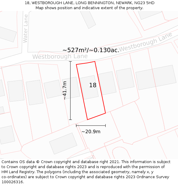 18, WESTBOROUGH LANE, LONG BENNINGTON, NEWARK, NG23 5HD: Plot and title map