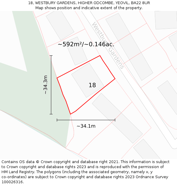18, WESTBURY GARDENS, HIGHER ODCOMBE, YEOVIL, BA22 8UR: Plot and title map