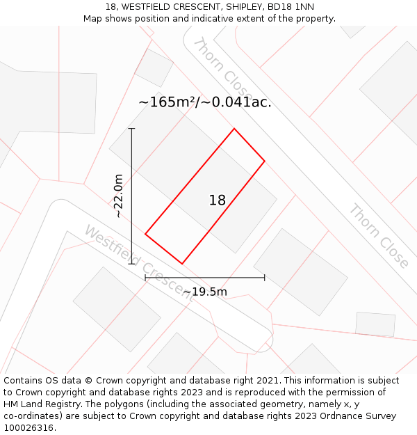 18, WESTFIELD CRESCENT, SHIPLEY, BD18 1NN: Plot and title map