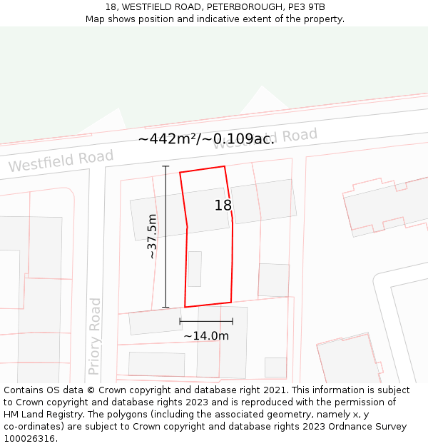 18, WESTFIELD ROAD, PETERBOROUGH, PE3 9TB: Plot and title map