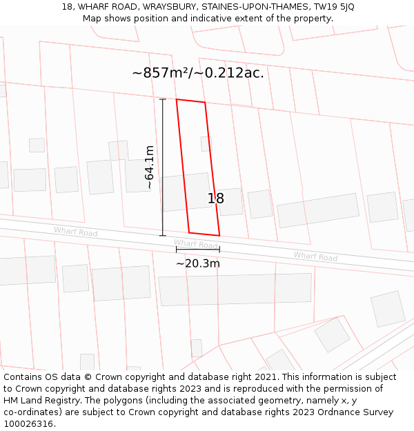 18, WHARF ROAD, WRAYSBURY, STAINES-UPON-THAMES, TW19 5JQ: Plot and title map