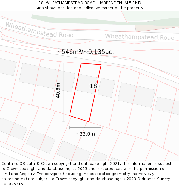 18, WHEATHAMPSTEAD ROAD, HARPENDEN, AL5 1ND: Plot and title map