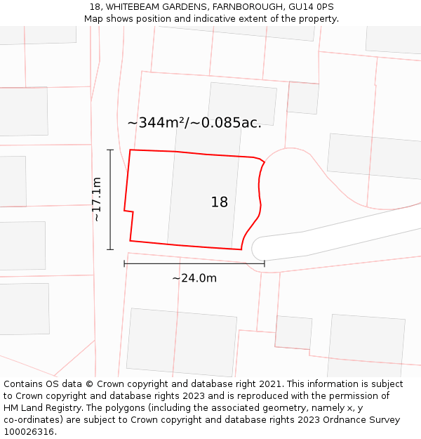 18, WHITEBEAM GARDENS, FARNBOROUGH, GU14 0PS: Plot and title map