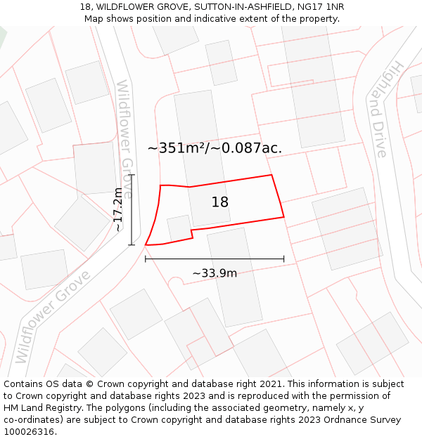 18, WILDFLOWER GROVE, SUTTON-IN-ASHFIELD, NG17 1NR: Plot and title map