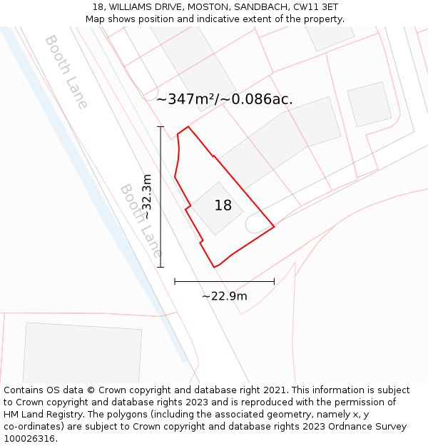 18, WILLIAMS DRIVE, MOSTON, SANDBACH, CW11 3ET: Plot and title map