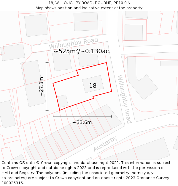 18, WILLOUGHBY ROAD, BOURNE, PE10 9JN: Plot and title map