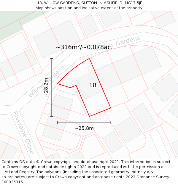 18, WILLOW GARDENS, SUTTON-IN-ASHFIELD, NG17 5JF: Plot and title map