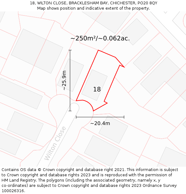 18, WILTON CLOSE, BRACKLESHAM BAY, CHICHESTER, PO20 8QY: Plot and title map