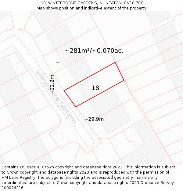 18, WINTERBORNE GARDENS, NUNEATON, CV10 7GF: Plot and title map