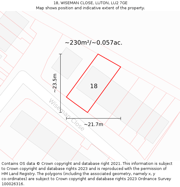 18, WISEMAN CLOSE, LUTON, LU2 7GE: Plot and title map