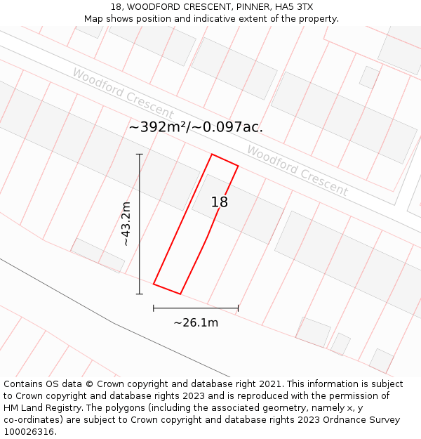 18, WOODFORD CRESCENT, PINNER, HA5 3TX: Plot and title map