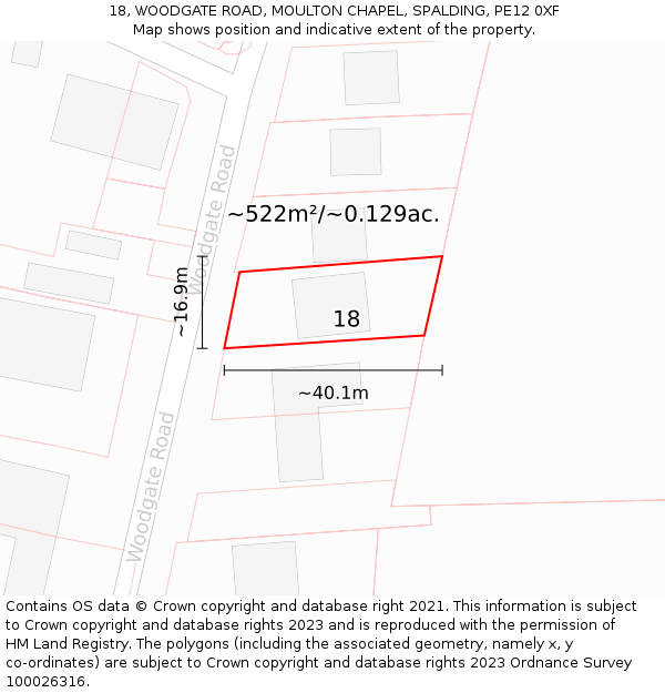 18, WOODGATE ROAD, MOULTON CHAPEL, SPALDING, PE12 0XF: Plot and title map