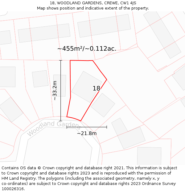 18, WOODLAND GARDENS, CREWE, CW1 4JS: Plot and title map