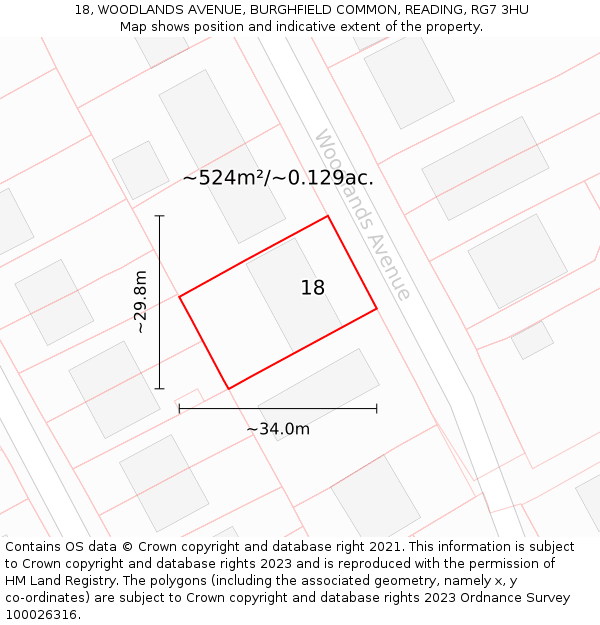 18, WOODLANDS AVENUE, BURGHFIELD COMMON, READING, RG7 3HU: Plot and title map