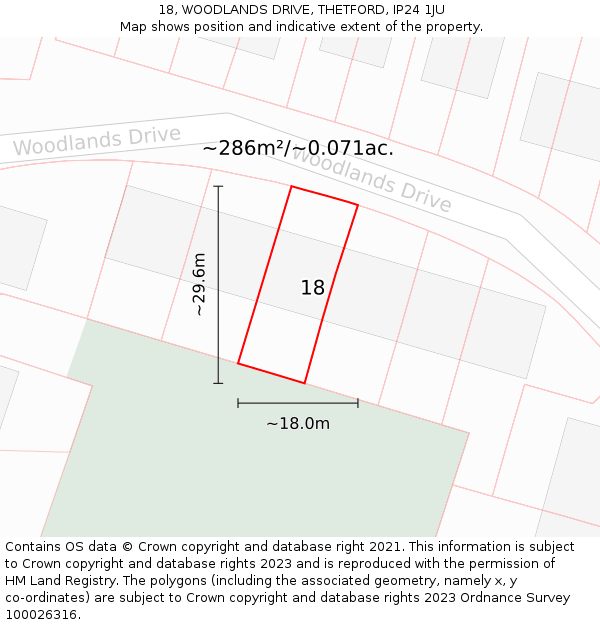 18, WOODLANDS DRIVE, THETFORD, IP24 1JU: Plot and title map