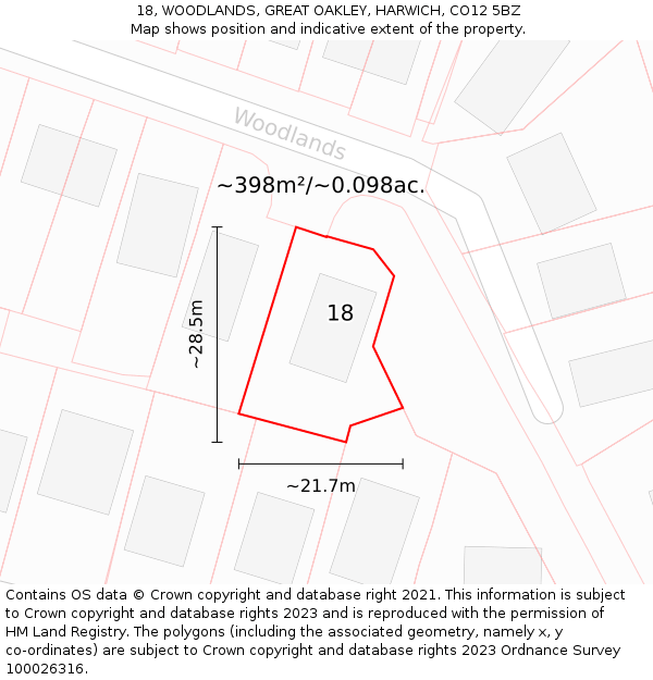 18, WOODLANDS, GREAT OAKLEY, HARWICH, CO12 5BZ: Plot and title map