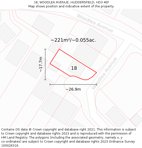 18, WOODLEA AVENUE, HUDDERSFIELD, HD3 4EF: Plot and title map