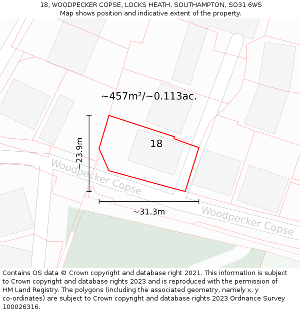 18, WOODPECKER COPSE, LOCKS HEATH, SOUTHAMPTON, SO31 6WS: Plot and title map