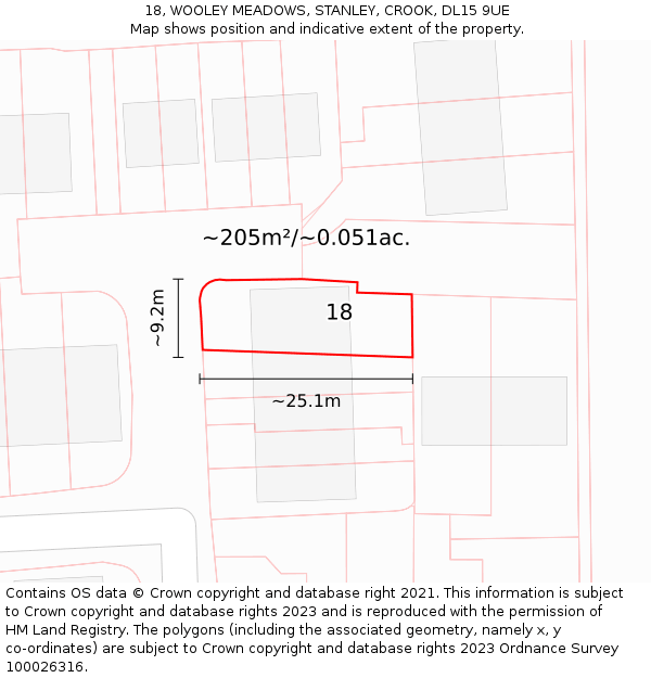 18, WOOLEY MEADOWS, STANLEY, CROOK, DL15 9UE: Plot and title map