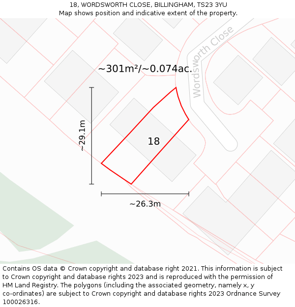 18, WORDSWORTH CLOSE, BILLINGHAM, TS23 3YU: Plot and title map