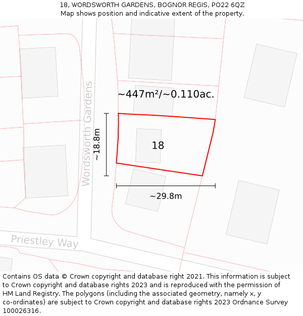 18, WORDSWORTH GARDENS, BOGNOR REGIS, PO22 6QZ: Plot and title map