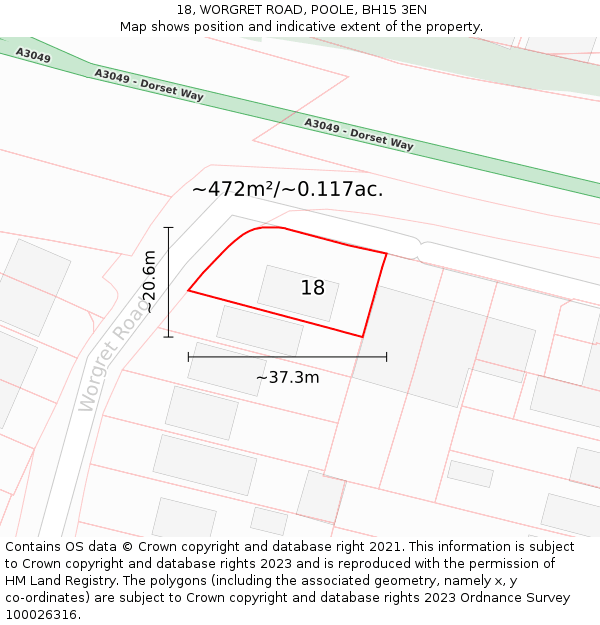 18, WORGRET ROAD, POOLE, BH15 3EN: Plot and title map