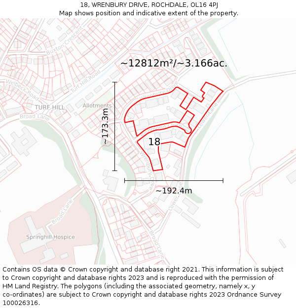 18, WRENBURY DRIVE, ROCHDALE, OL16 4PJ: Plot and title map