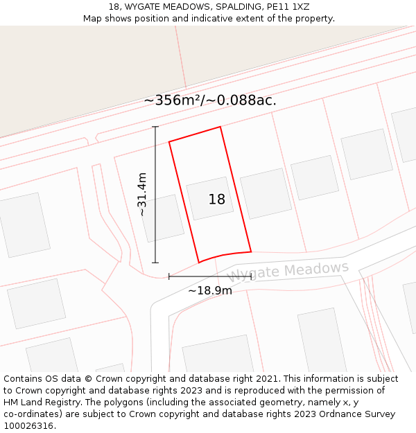 18, WYGATE MEADOWS, SPALDING, PE11 1XZ: Plot and title map