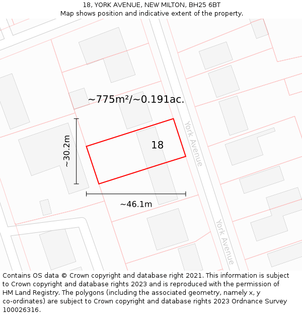 18, YORK AVENUE, NEW MILTON, BH25 6BT: Plot and title map