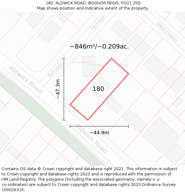 180, ALDWICK ROAD, BOGNOR REGIS, PO21 2YQ: Plot and title map