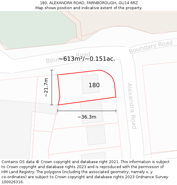 180, ALEXANDRA ROAD, FARNBOROUGH, GU14 6RZ: Plot and title map