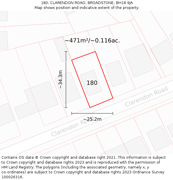 180, CLARENDON ROAD, BROADSTONE, BH18 9JA: Plot and title map