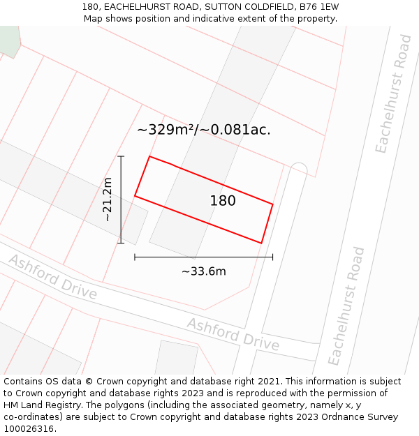 180, EACHELHURST ROAD, SUTTON COLDFIELD, B76 1EW: Plot and title map