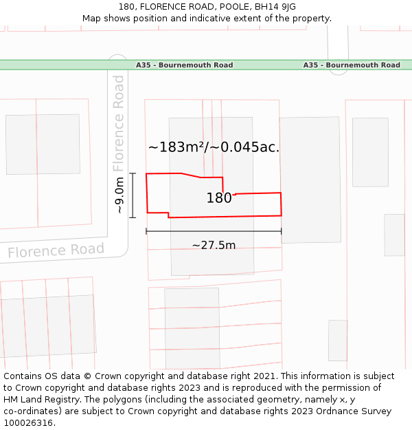 180, FLORENCE ROAD, POOLE, BH14 9JG: Plot and title map