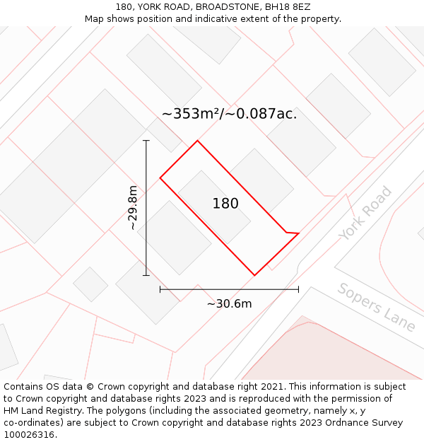 180, YORK ROAD, BROADSTONE, BH18 8EZ: Plot and title map