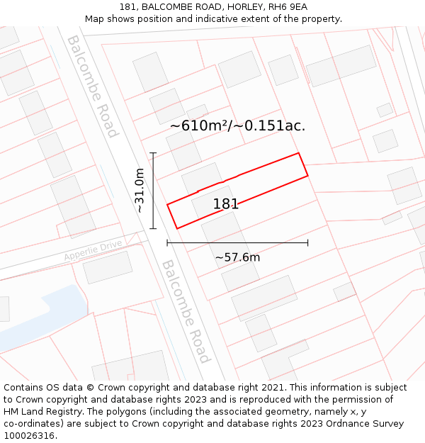 181, BALCOMBE ROAD, HORLEY, RH6 9EA: Plot and title map