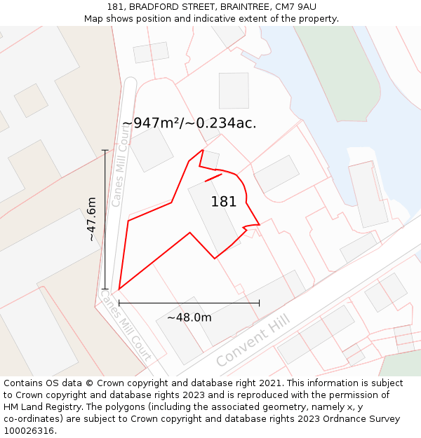 181, BRADFORD STREET, BRAINTREE, CM7 9AU: Plot and title map