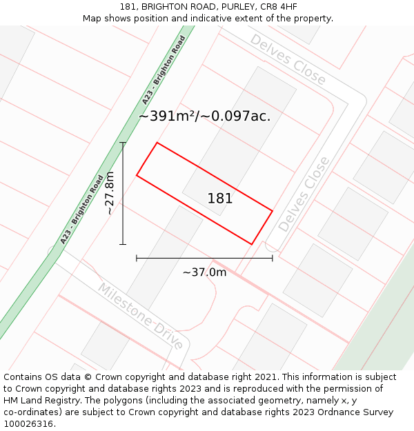 181, BRIGHTON ROAD, PURLEY, CR8 4HF: Plot and title map