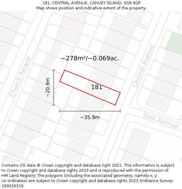 181, CENTRAL AVENUE, CANVEY ISLAND, SS8 9QP: Plot and title map