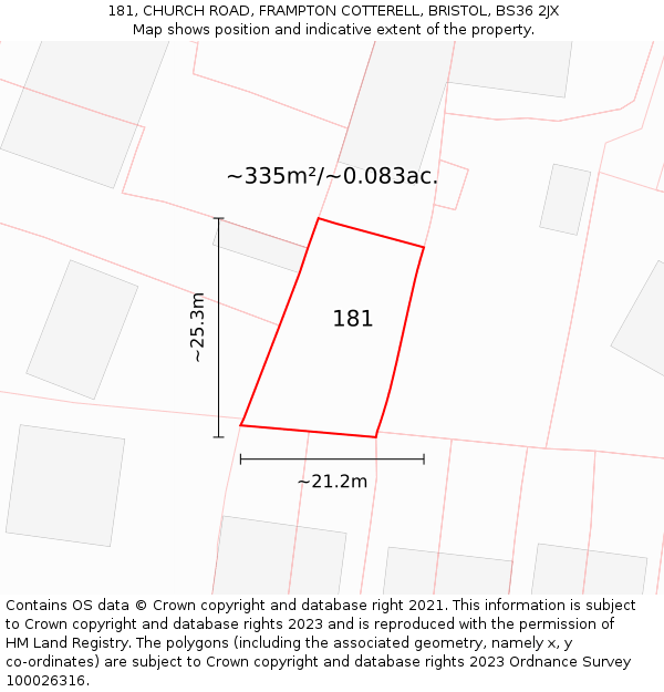 181, CHURCH ROAD, FRAMPTON COTTERELL, BRISTOL, BS36 2JX: Plot and title map